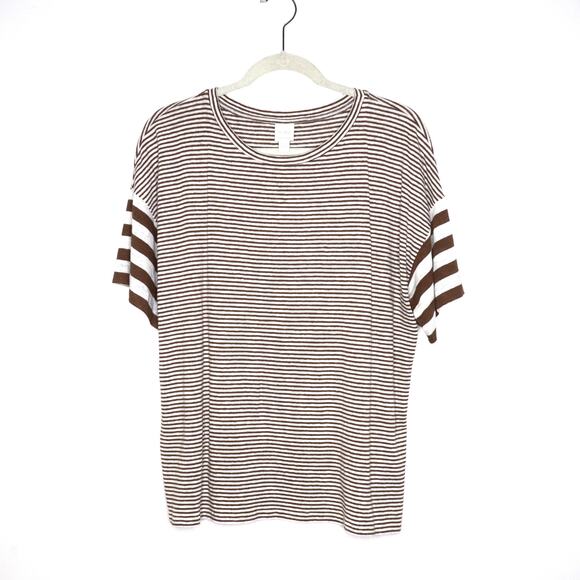 MAXMARA Leisure Striped Linen Blend Knit T-Shirt Short Sleeve in Brown Women's L - Picture 2 of 8